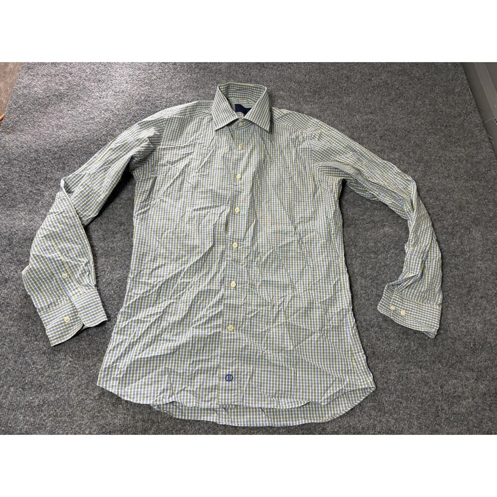 David Donahue Dress Shirt Mens 15.5 34/35 Blue Green Plaid Trim Fit Cotton LS
